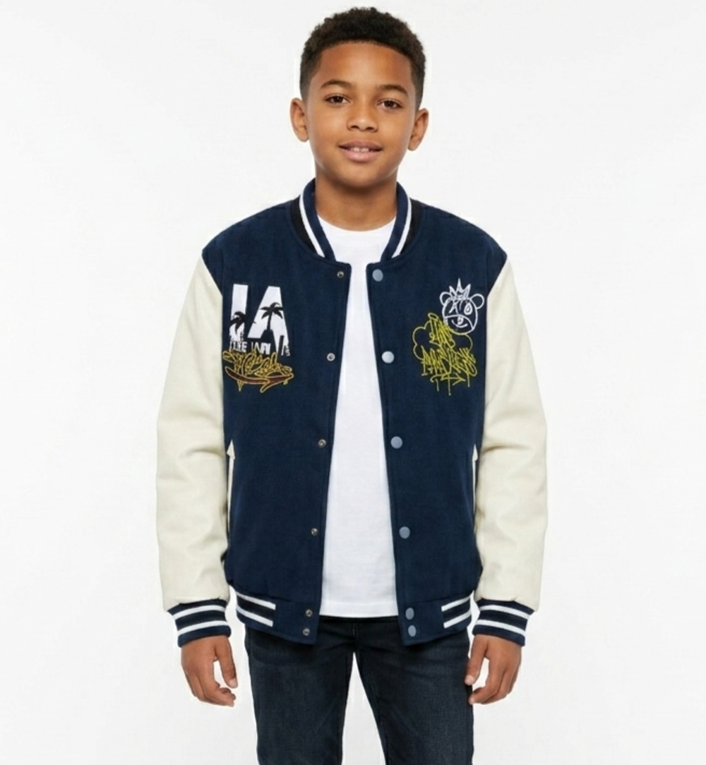 Ring Of Fire JUCAL Boys XL Varsity Jacket Navy Off White LA Patches Youth NWT